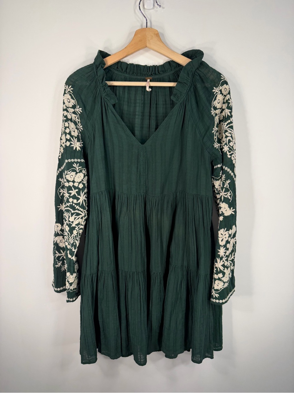 Free People Forest Green Embroidered Long Sleeve Tiered Dress